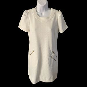 #108 Sweet Rain fitted little off white dress gold accent zippers